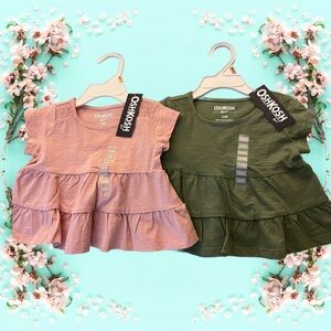 NWT 2 OshKosh B'gosh Pink and Green Flounced Baby Girl  Tops 12m 100% Cotton
